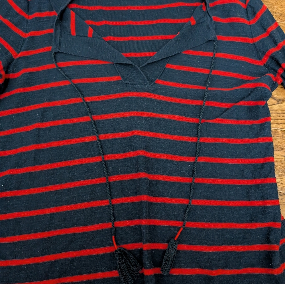 Ann Taylor LOFT Red & Navy Stripe Pullover Lightweight  Sweater Tie Neck Sz S - Picture 3 of 8